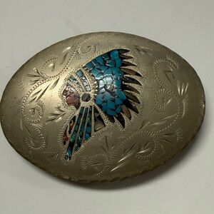 Vintage Oval Metal Belt Buckle with Indian Turquoise Inlay